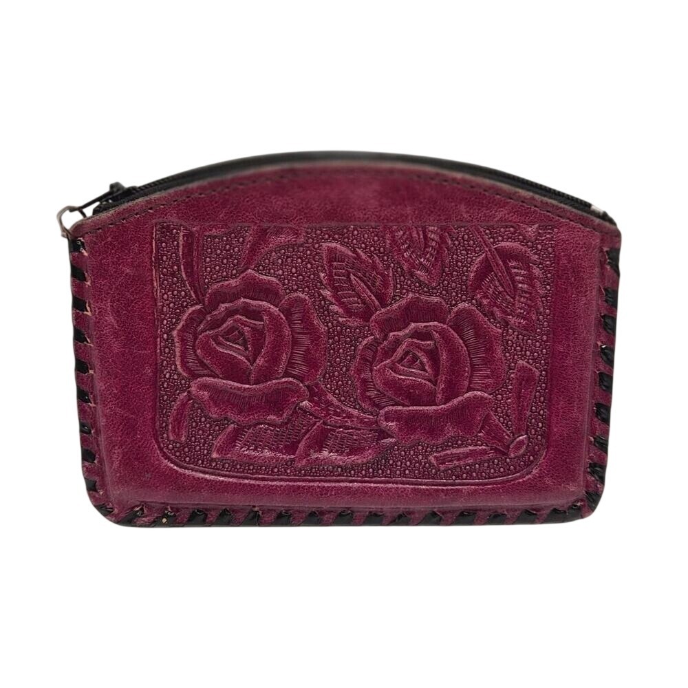 Vintage Hand Tooled Leather Rose Coin Purse Magenta Purple Whipstitch Trim